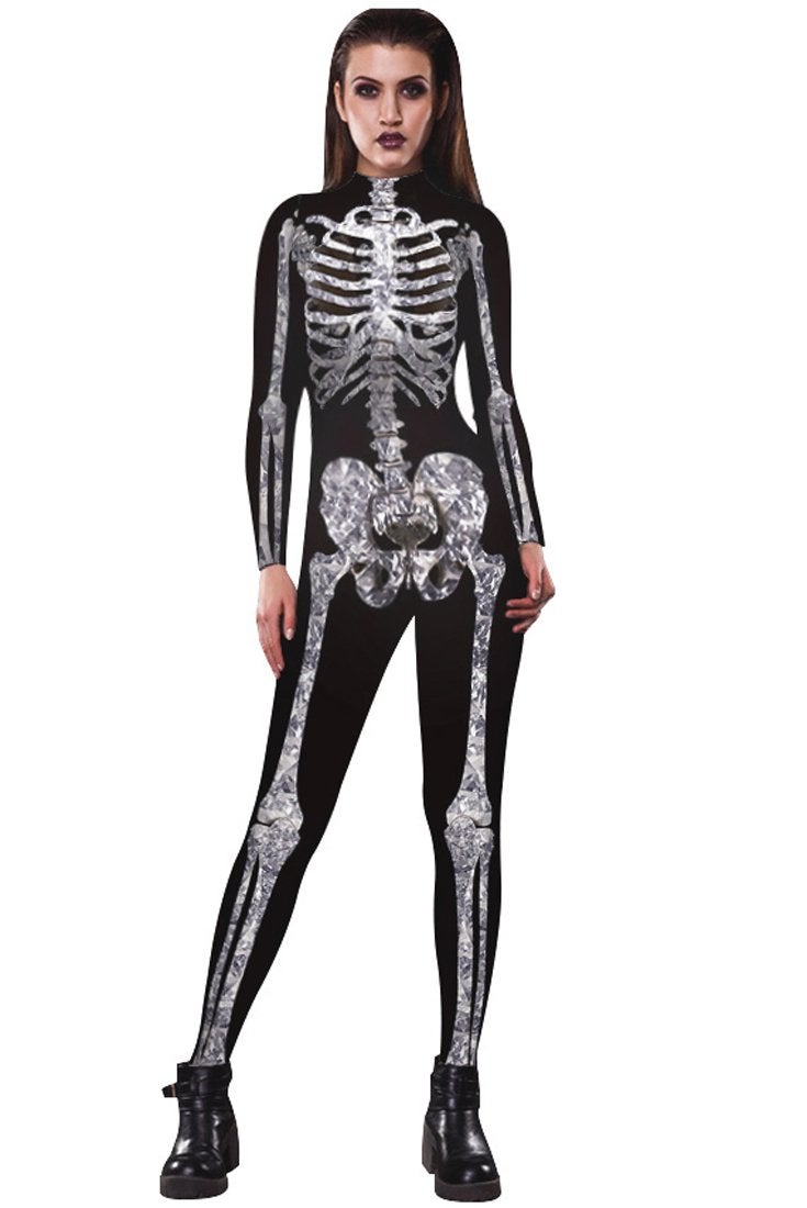 URVIP Women Halloween Skeleton Costume Stretch Skinny Catsuit Jumpsuit Bodysuit Color-BAX-003 M - Image 1